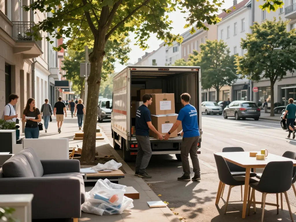 Professioneller Umzugshelfer, der die Entrümpelung Wien mit Kisten vor einer städtischen Wohnung durchführt und einen organisierten Abbaudienst zeigt.