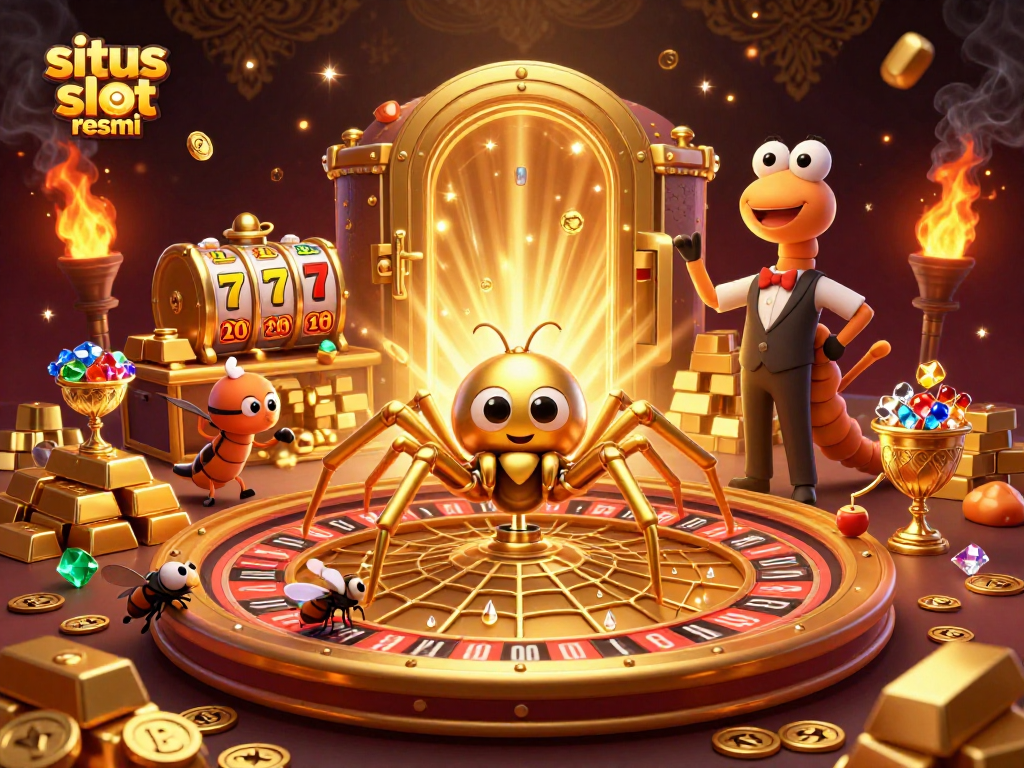 Spin the action at situs slot resmi with a golden web and a playful croupier in 3D casino art.
