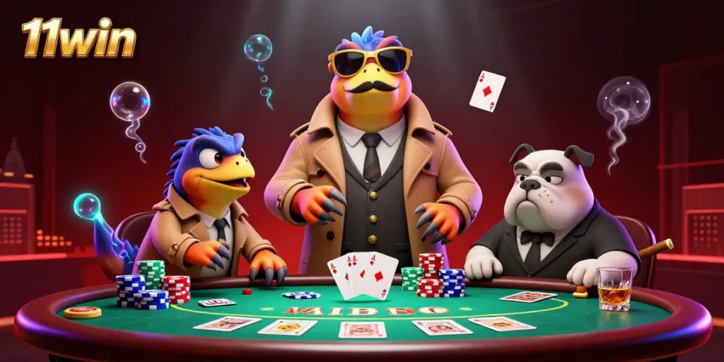 Experience the thrill of poker at 11win with a comedic twist of raptors in a trench coat entering a VIP casino lounge.