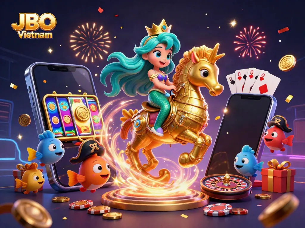 Experience winning moments at JBO Vietnam with a dynamic scene featuring a mermaid, seahorse, and slot games.