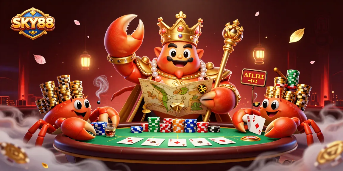 Engaging scene with the SKY88 golden crab emperor amid poker and casino elements for gaming fun.