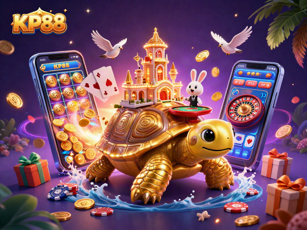 Win big with KP88 while enjoying vibrant games alongside a golden tortoise and rabbit dealer!