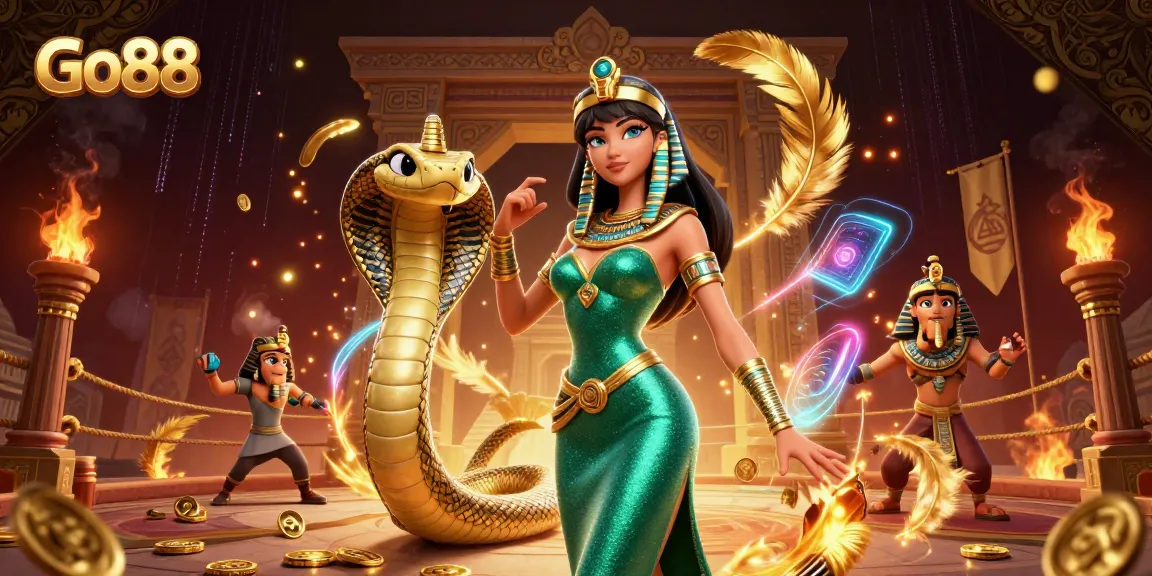 Join Go88 for thrilling casino games with a stunning emerald gown character and golden elements.