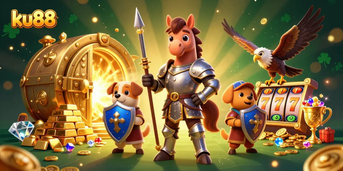Join the adventure at ku88 with a knight, puppy, and falcon amidst casino treasures and slot reels.