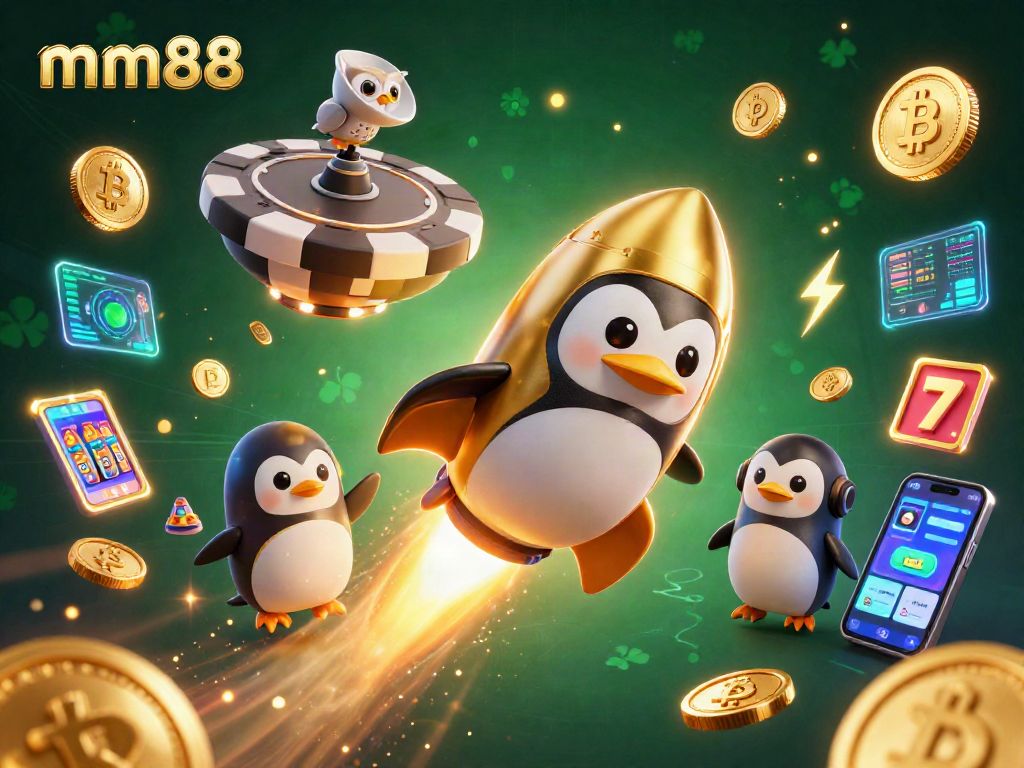 Experience the thrill of mm88 with a golden penguin headed toward a casino station, filled with crypto elements.