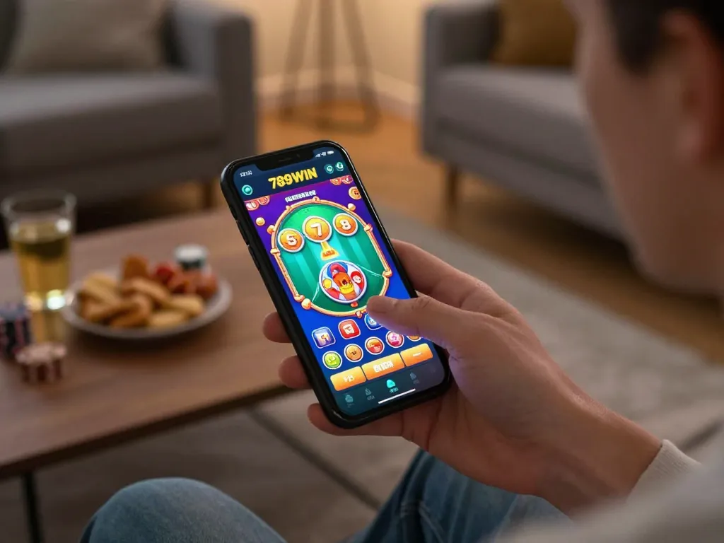 Engaging user betting on 789WIN mobile app in cozy setting, showcasing colorful game interface