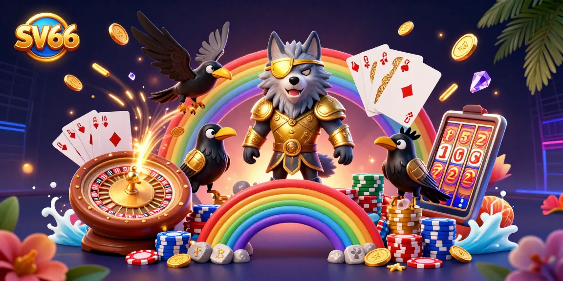 SV66 showcases a vibrant casino scene with Odin and ravens, featuring casino chips and glowing rune stones.