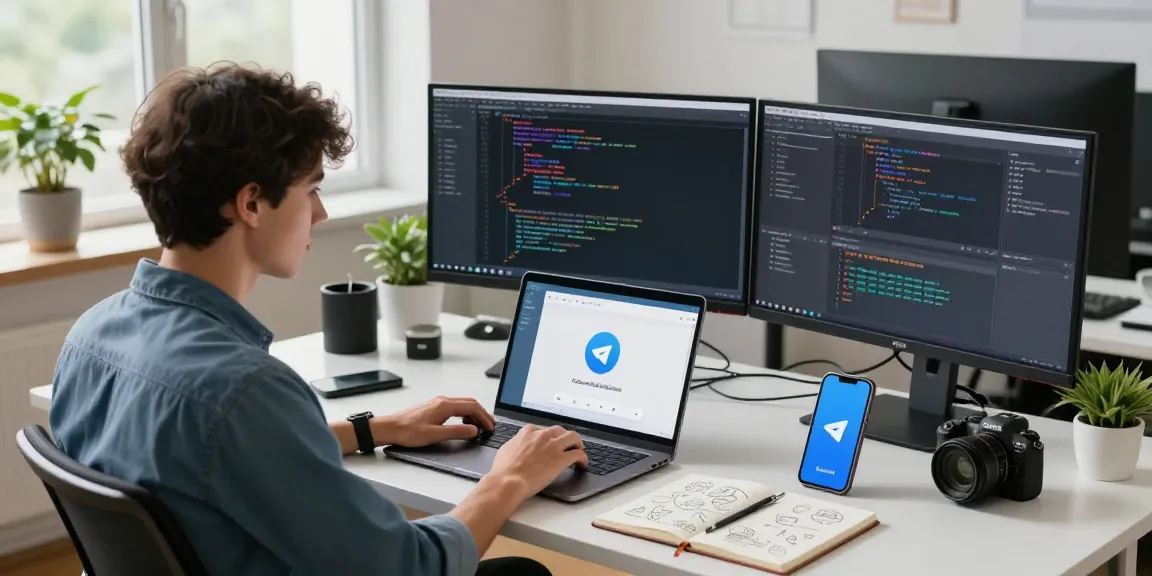 Efficient workspace showcasing Telegram下载 on laptop, dual monitors with coding, and focused professional at desk.
