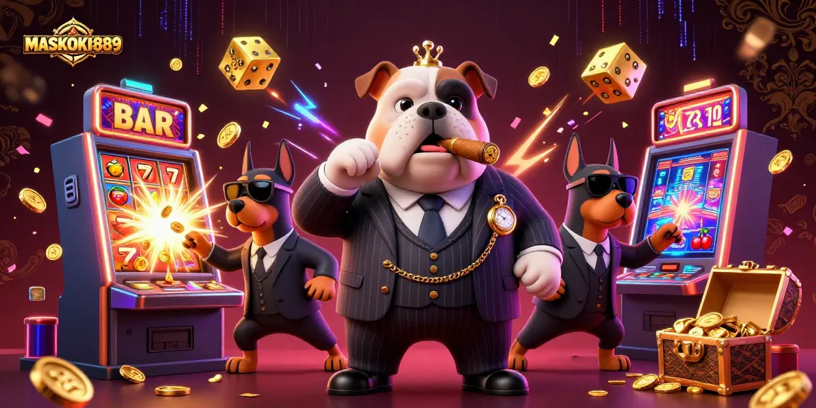 Experience the thrill of MASKOKI889 with vibrant casino action featuring a mafia bulldog and golden slot machine