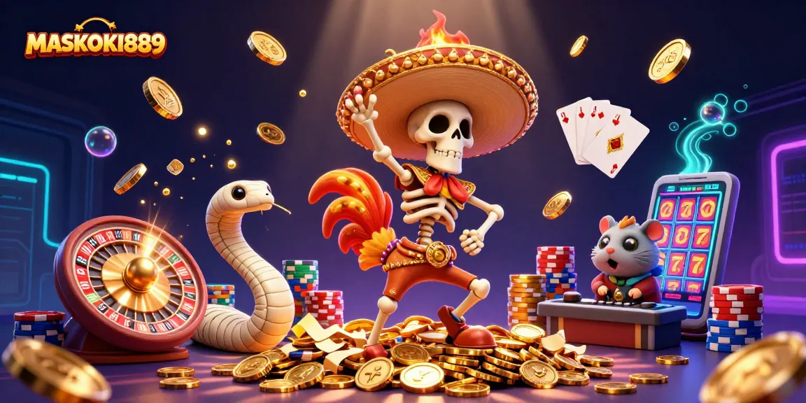 Celebrate wins with MASKOKI889's vibrant 3D casino scene featuring animated characters and exciting game elements.