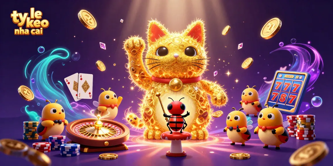 Experience ty le keo nha cai with a dynamic illustration of golden fireflies forming a lucky cat in a casino setting.