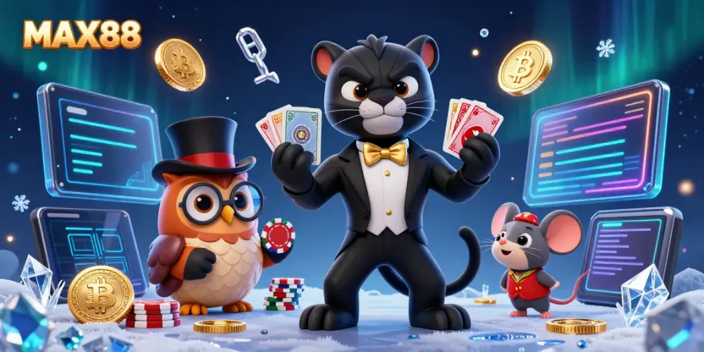 Engage in thrilling poker with MAX88, where a stylish black panther deals cards among vibrant casino elements.