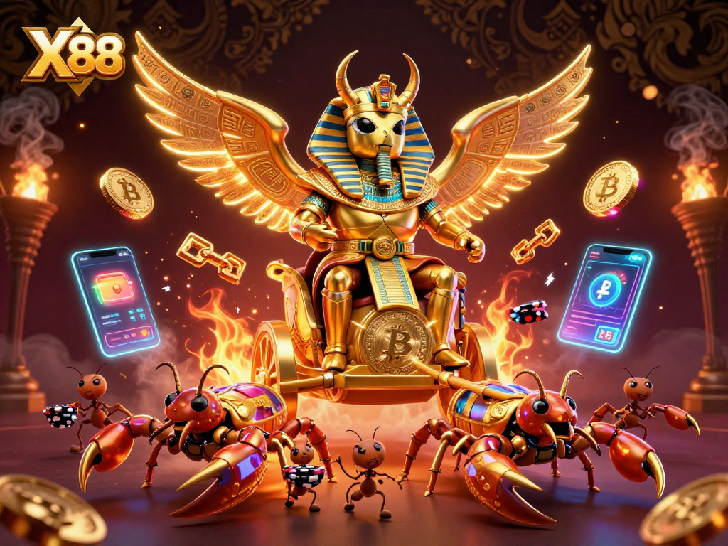 X88 invites players into an enchanting scene with a golden scarab and scorpion chariot amidst vibrant casino symbols.