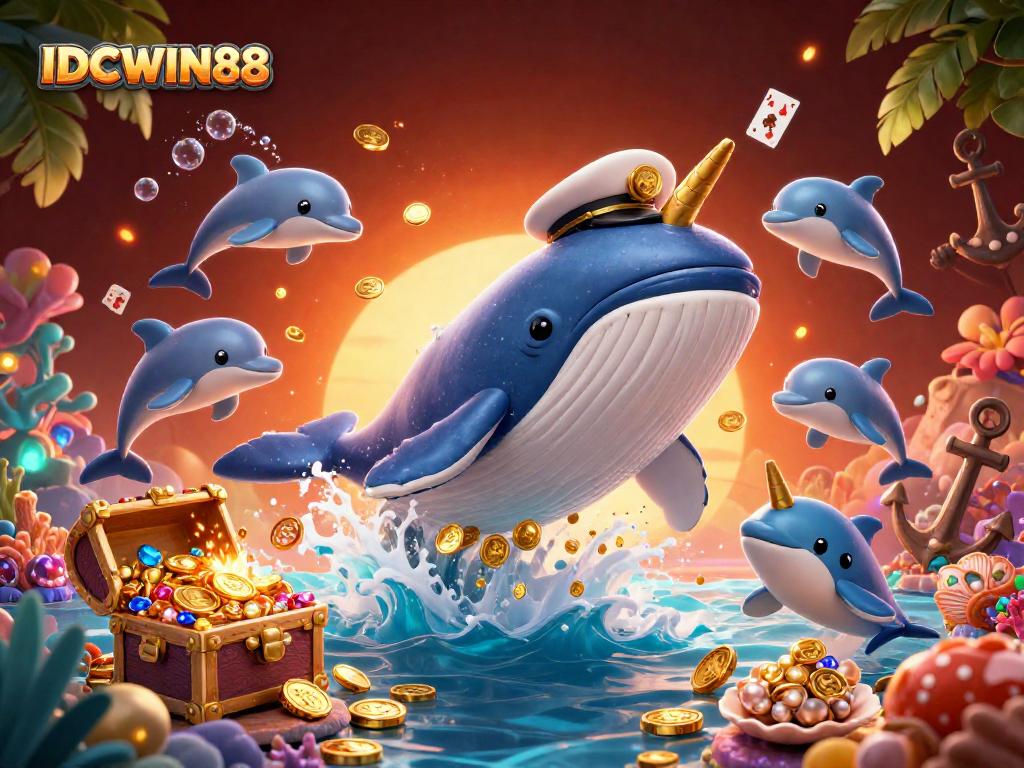 Experience winning excitement at IDCWIN88 with vibrant casino characters in a treasure-filled underwater scene.