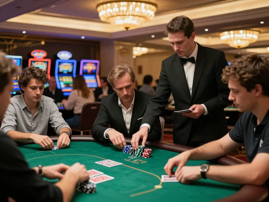 Players at UG DEWA poker table focused on winning strategies in luxurious casino.