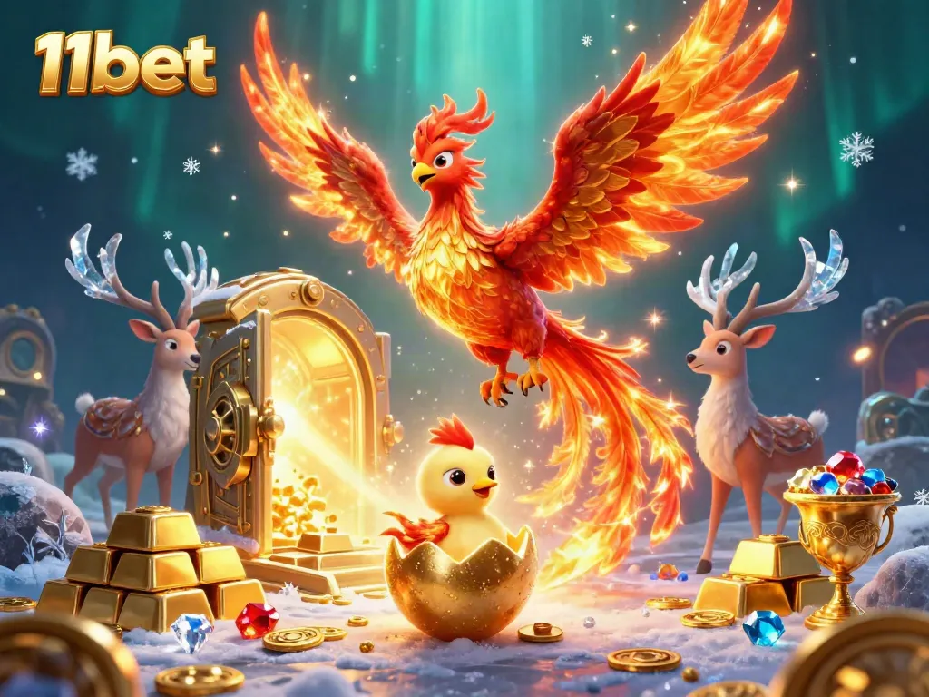 Engage with thrilling gameplay at 11bet, featuring a vibrant scene with a phoenix and gems.