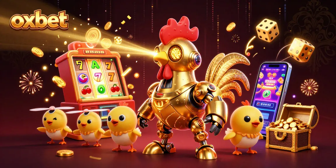 Experience the excitement of oxbet with a golden rooster robot amidst a dynamic casino scene.
