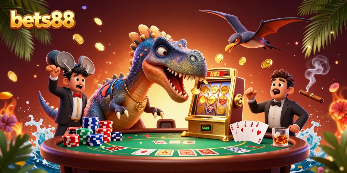 bets88 players enjoy thrilling casino action as a dinosaur wins jackpots in a dynamic scene.