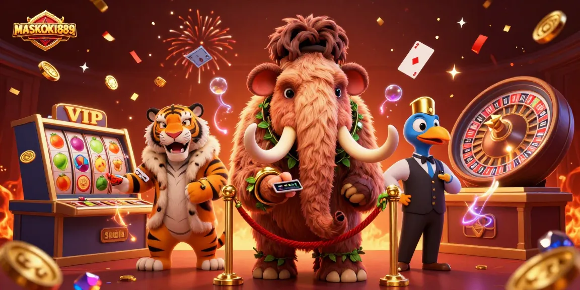 Experience thrilling gameplay at MASKOKI889 with vibrant slots and casino characters in dynamic illustration.