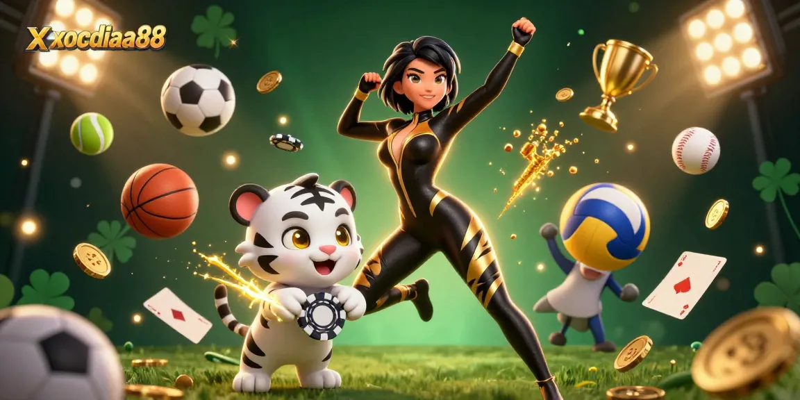 Play exciting games at xocdiaa88, featuring a dynamic scene with a tiger and sporty elements.