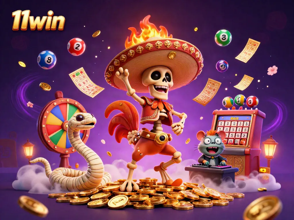 Experience 11win excitement with a vibrant illustration of a mariachi rooster dancing on coins.