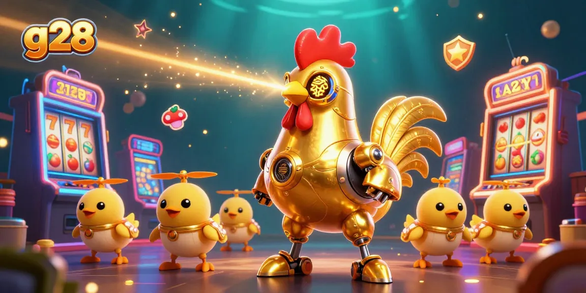 Engage in g28 casino action with a futuristic golden rooster robot and gaming elements.