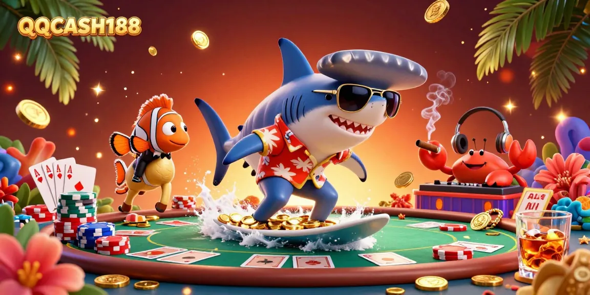 Experience exciting gameplay with QQCASH188 featuring a shark surfing on coins surrounded by vibrant poker elements.
