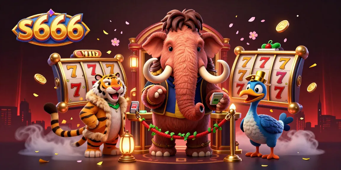 s666 showcases an energetic casino scene with a mammoth bouncer and a saber-tooth tiger VIP guest checking lucky slot reels.