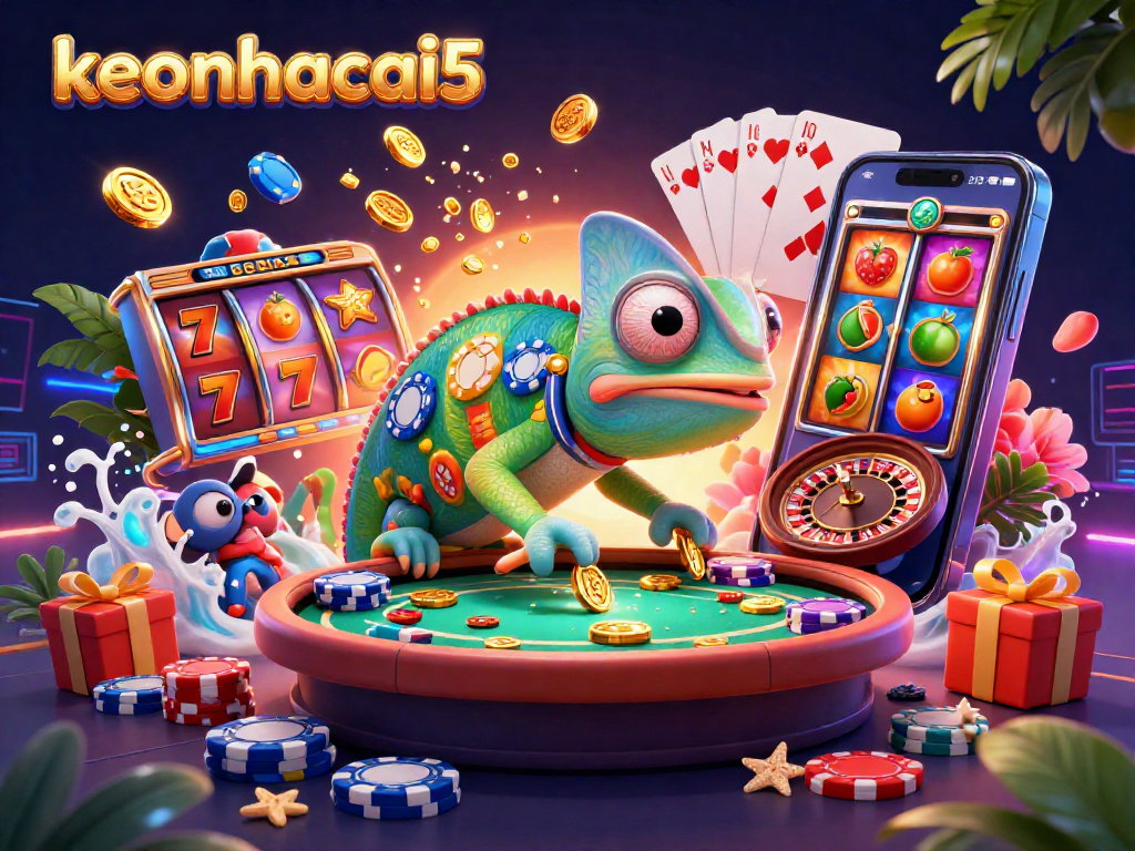 Experience the thrilling world of keonhacai5 with the lively chameleon casino owner amid vibrant game elements.