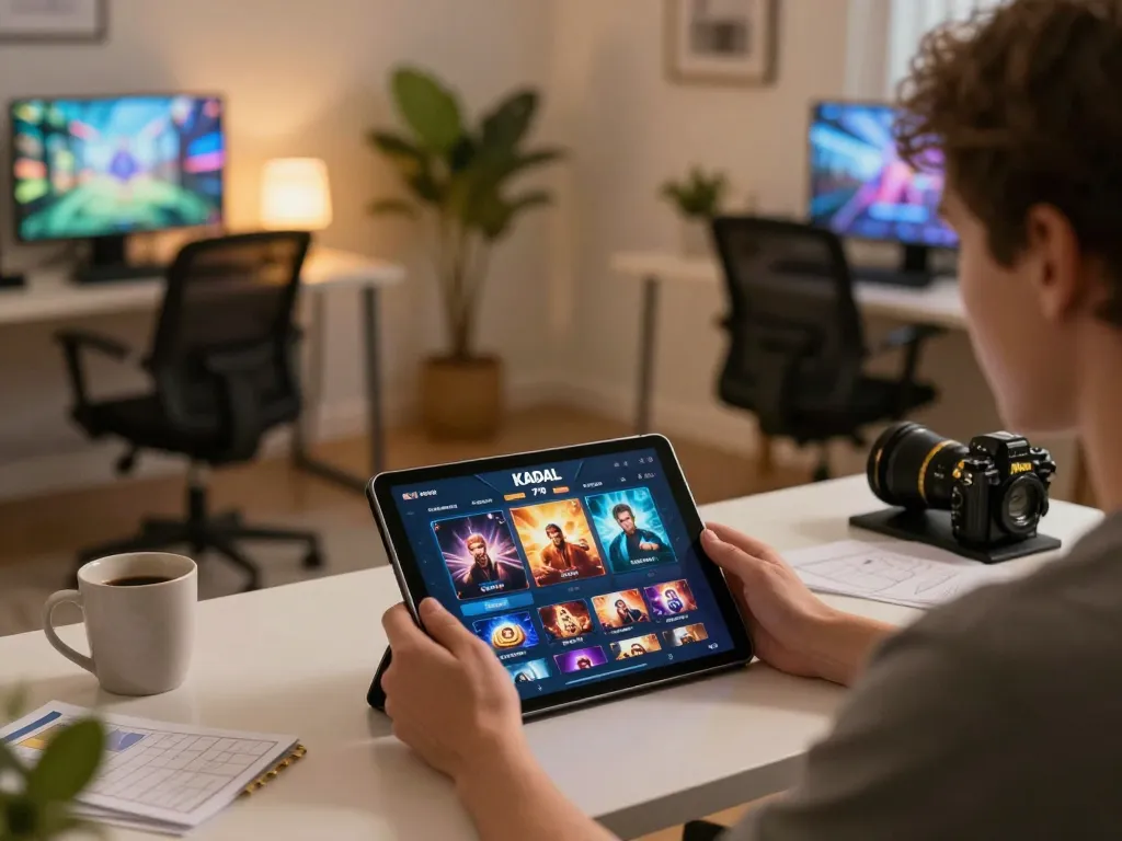 KADAL 778 player enjoying online gaming, focused on tablet displaying premium casino games in a cozy setting