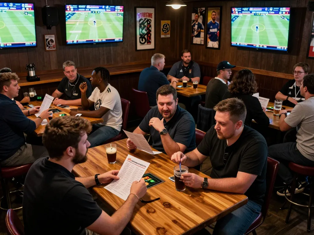 Bongdallu users engaging in sports betting strategies at a vibrant sports bar