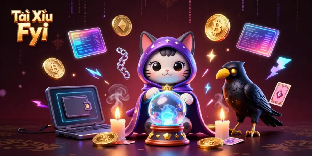 Engage with Tài Xỉu Fyi's dynamic fortune teller scene filled with mystical elements and vibrant cryptocurrency.