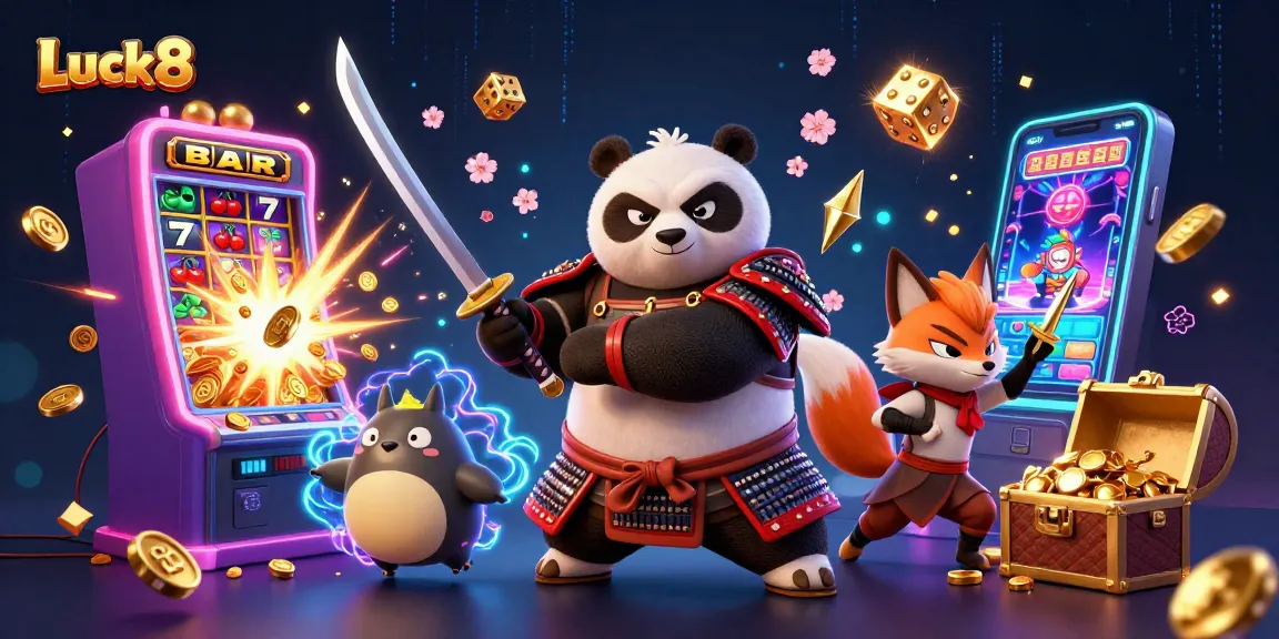 Experience Luck8 thrills with a dynamic 3D casino scene featuring samurai panda and ninja fox.