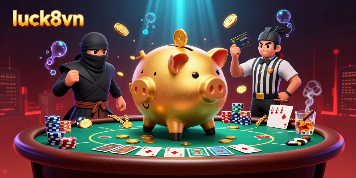 Engaging scene showcasing luck8vn with piggy bank sumo wrestler and poker dynamics.
