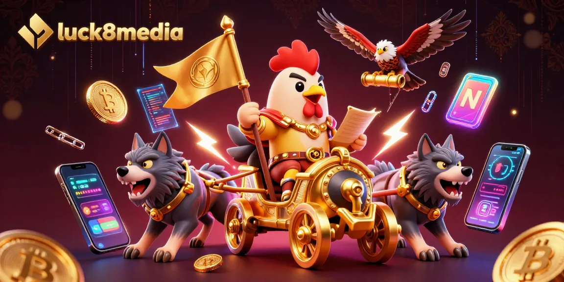 Engage with luck8media's vibrant and dynamic 3D casino scene featuring a rooster warlord and crypto elements.