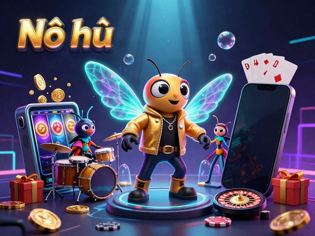 Nổ hũ slot game themed illustration with a cartoon cicada rock star, beetle drummer, and vibrant casino elements.