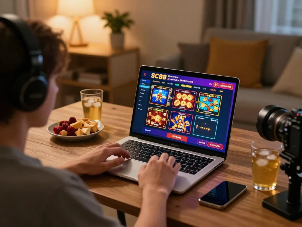Person playing SC88 online casino games at home, with a laptop and snacks, creating a relaxed gaming environment.