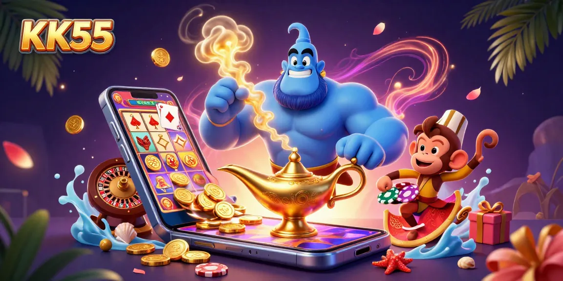 Engage with thrilling slots at KK55, featuring a vibrant scene with a genie and magic carpet.