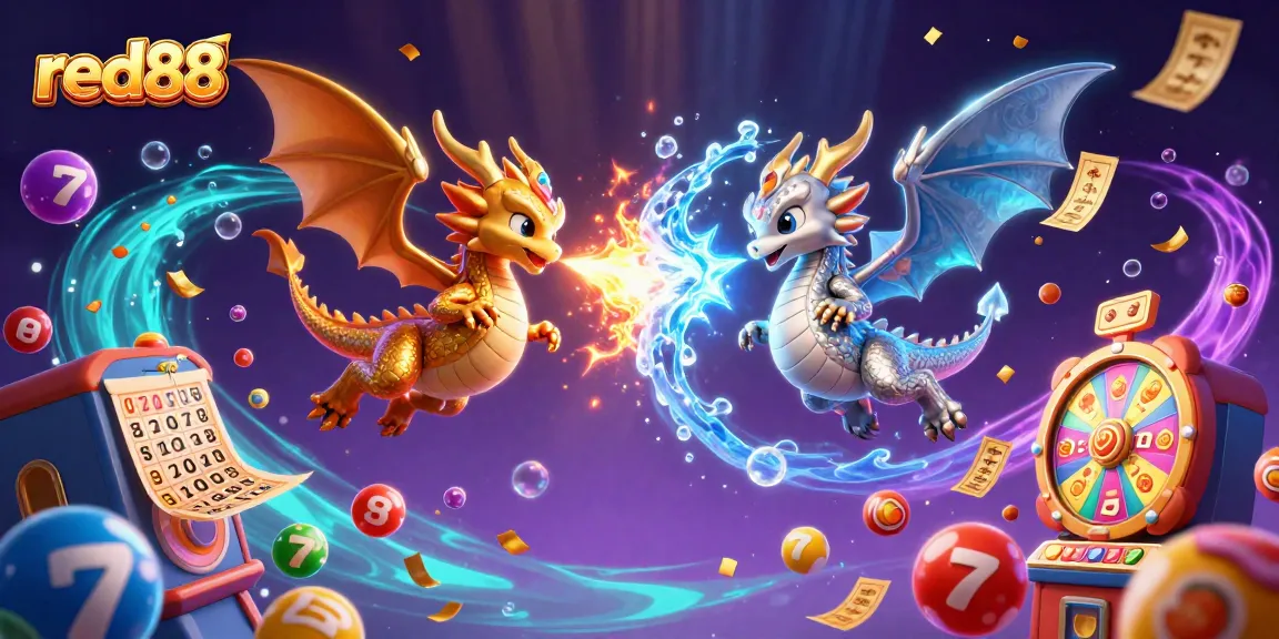 Experience thrilling gameplay with red88 as gold and silver dragons unleash fiery ice breath in a fantasy casino.