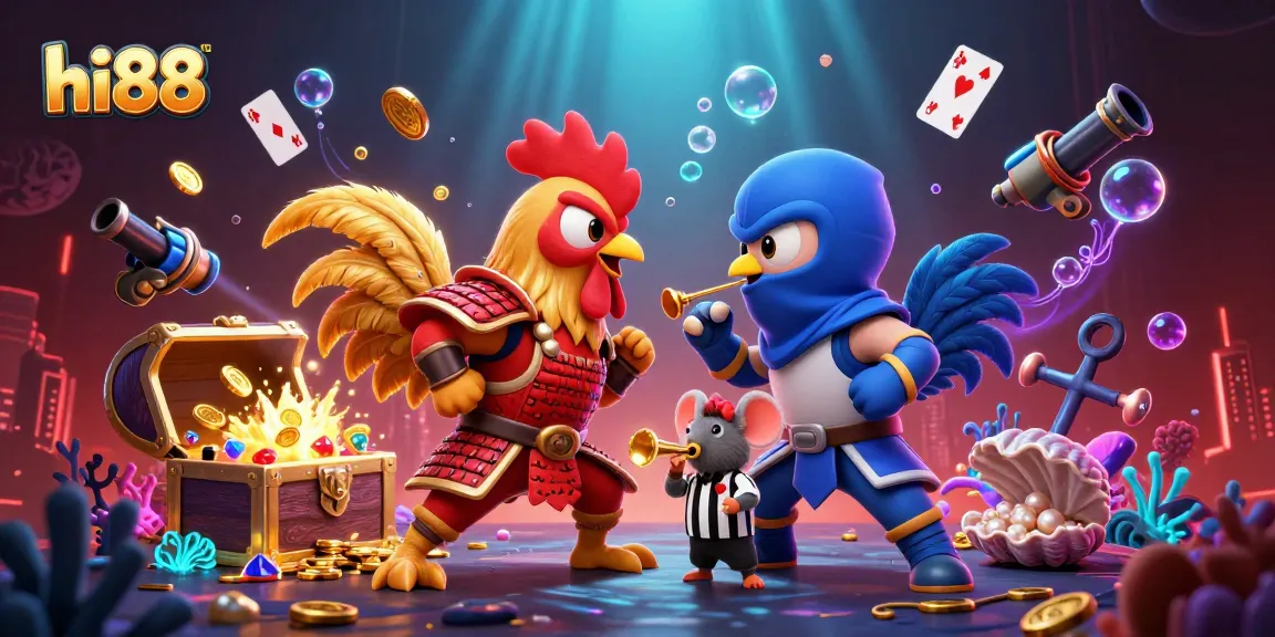 Engage in thrilling action at hi88 with cartoon fighting roosters in a dynamic casino showdown.