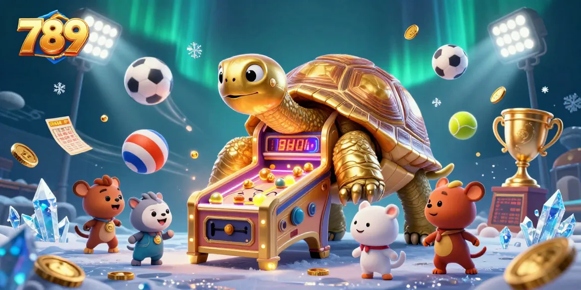 Bettors enjoy top-notch excitement with 789WIN, featuring a whimsical golden tortoise pinball machine surrounded by dynamic sports icons.