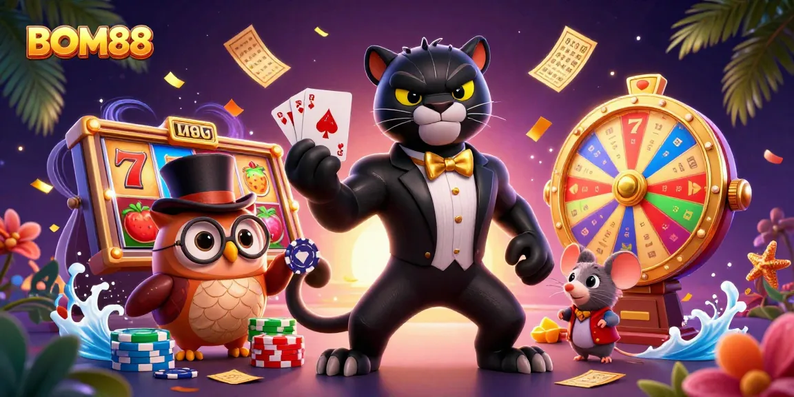 Engage in vibrant gameplay at BOM88's casino with a stylish panther dealer and fun game elements.