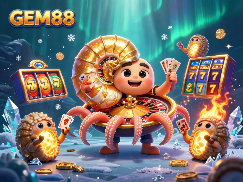 GEM88 showcases a vibrant casino scene with a giant nautilus roulette and glowing ammonites amidst dynamic game elements.