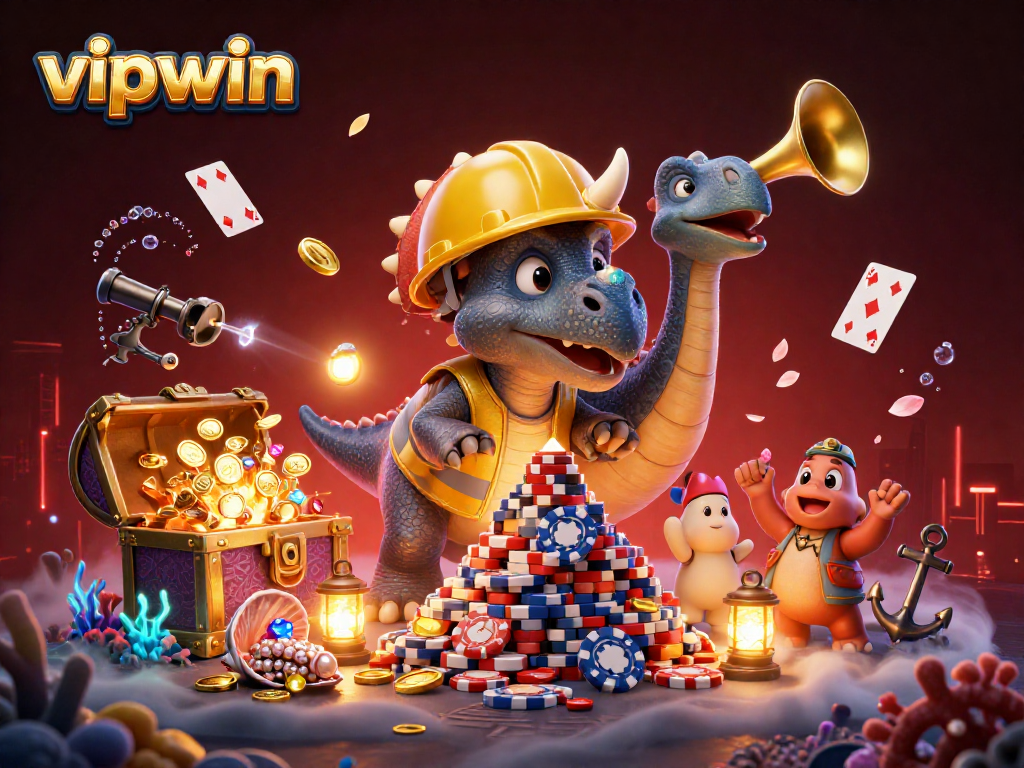 Experience thrilling bets with vipwin while a triceratops builds poker chip towers amidst underwater treasures.