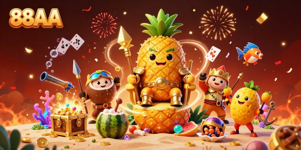 Engage in the vibrant world of 88AA online casino featuring a golden pineapple king surrounded by festive elements.