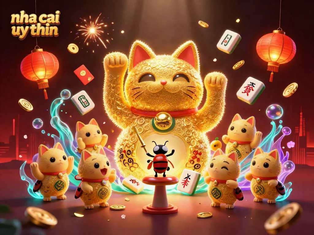 Experience the thrill of nha cai uy tin with a dynamic golden lucky cat surrounded by casino symbols and festive elements.