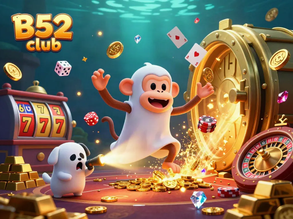 B52 club showcases a lively ghostly scene with a juggling monkey and a curious puppy in a haunted casino.