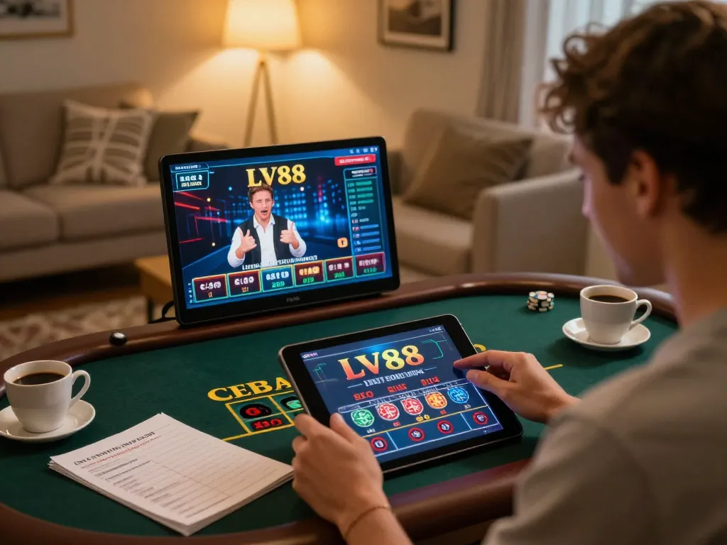 Engaging in an LV88 live dealer game on a tablet, showcasing an exciting and responsible online gambling experience