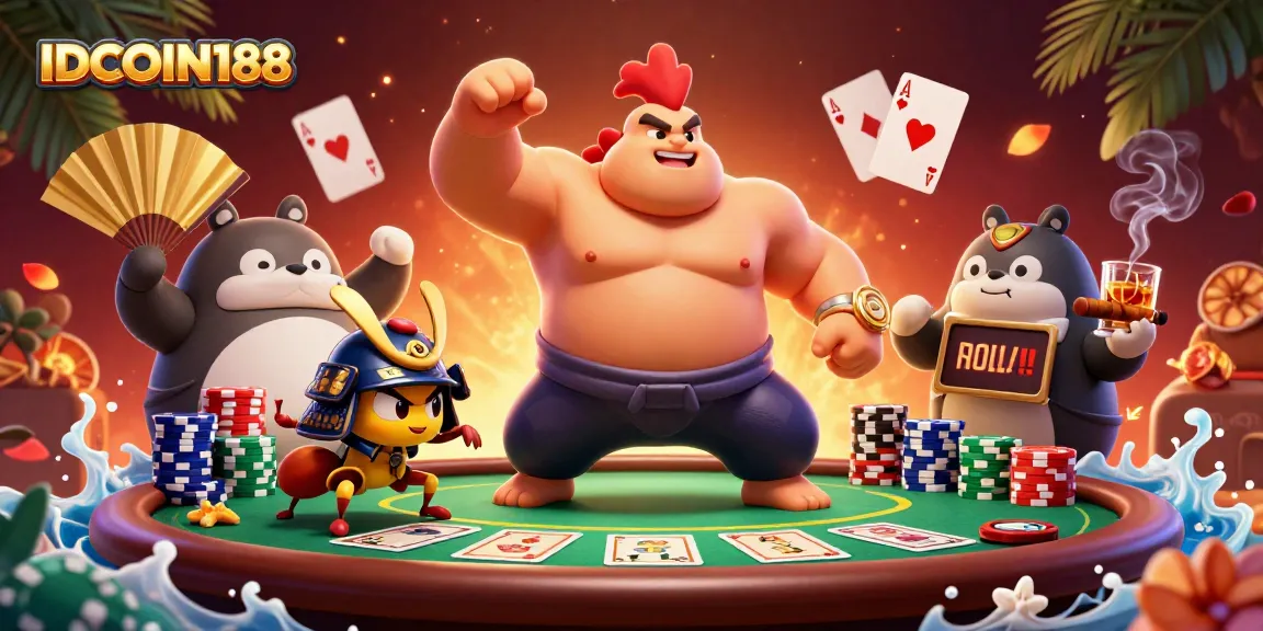 IDCOIN188 features a powerful 3D sumo wrestler rooster in a lively poker scene.