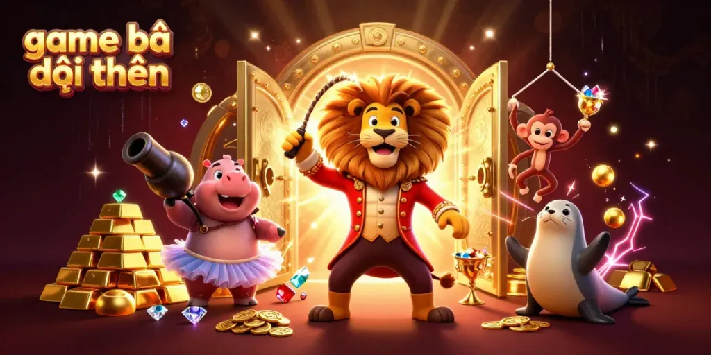 Experience thrilling gameplay of game bài đổi thưởng with a lively 3D circus-themed illustration showcasing animated characters and treasures.